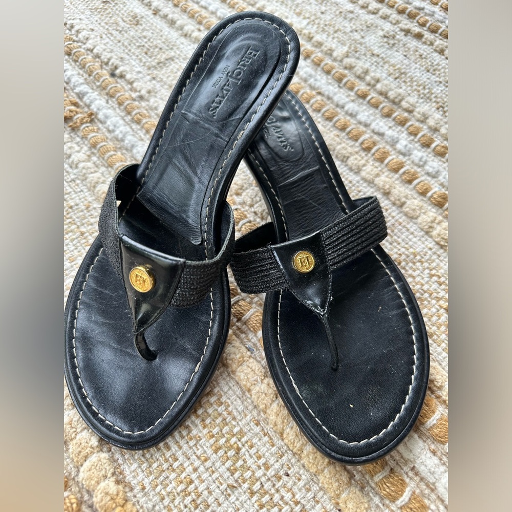 Eric Javits Black Sandals with Gold Emblem